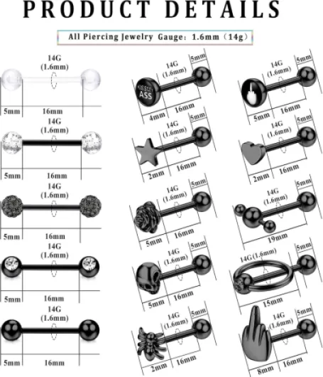 JeweBella 20 Pièces 14G Piercing Langue pour Femme Homme Acier Chirurgical Piercing Téton Percing Langue Argent/Noir Barre Piercing Bijoux 16mm B:noir