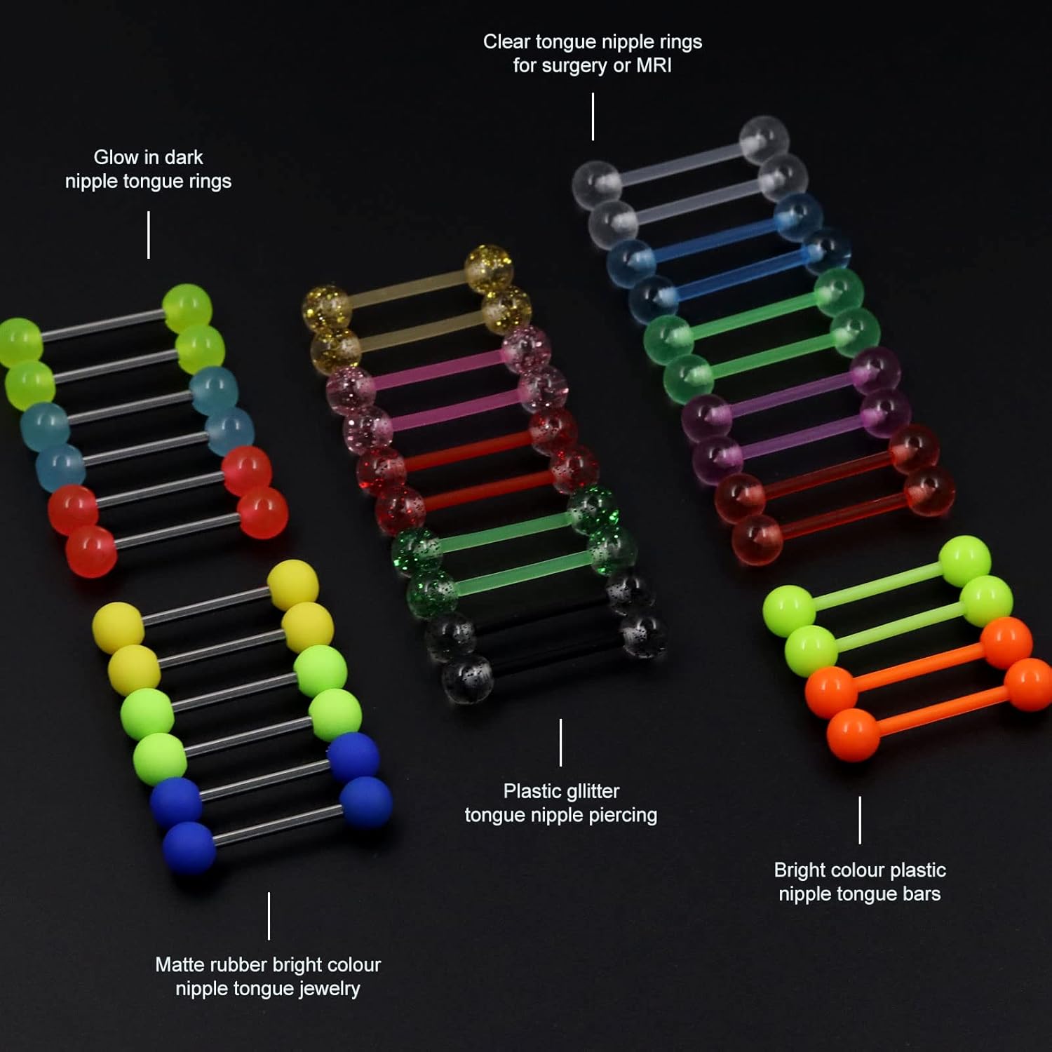 36Pcs Piercing Langue Teton Fluorescent la Nuit Plastique Acrylique, Souple Silicone Bioflex et Acier Chirurgical Barres Piercing 16mm 1.6mm pour Femme Homme