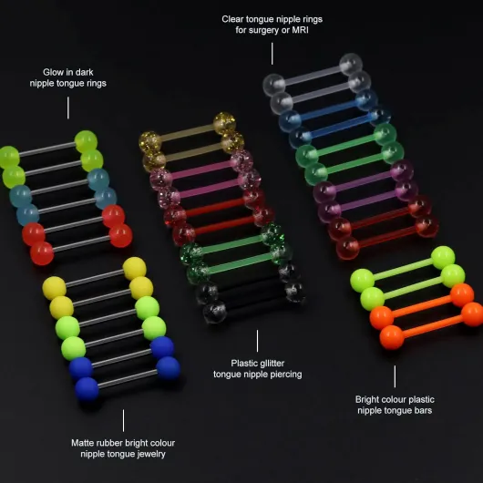 36Pcs Piercing Langue Teton Fluorescent la Nuit Plastique Acrylique, Souple Silicone Bioflex et Acier Chirurgical Barres Piercing 16mm 1.6mm pour Femme Homme