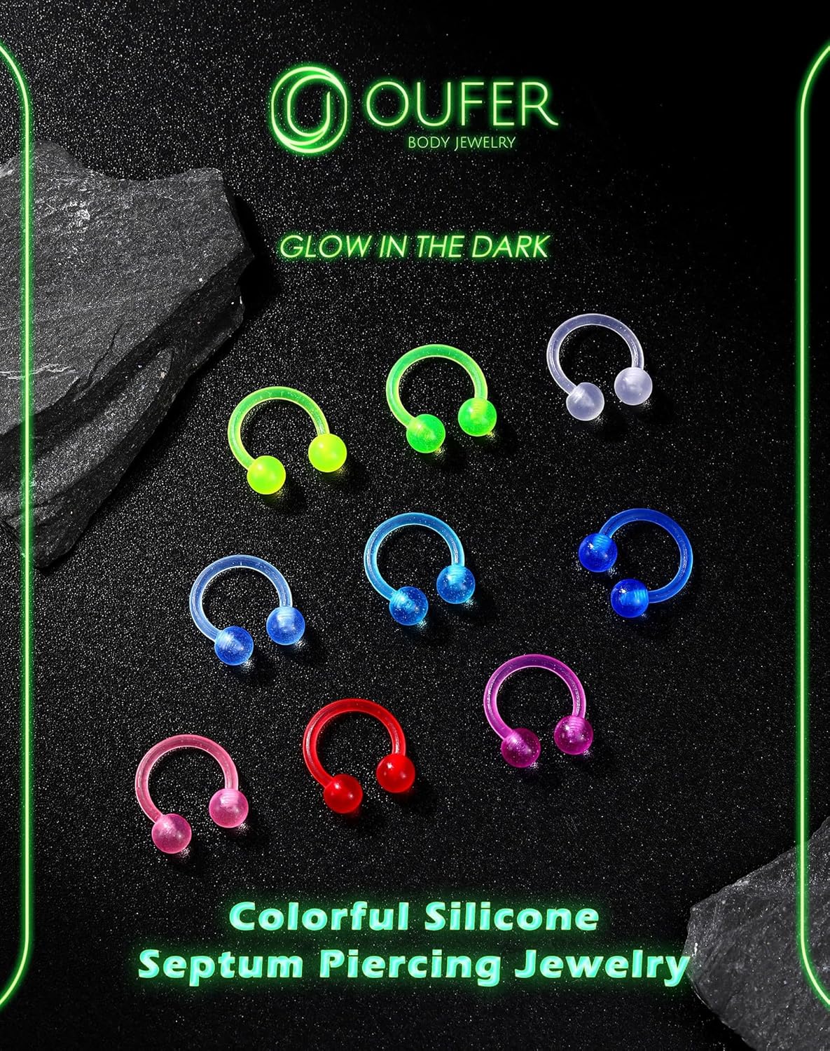 Lot de 9 piercings phosphorescents en acrylique flexible pour septum en forme de fer à cheval, anneaux de septum de 16 g, bijoux de piercing pour hélix, cartilage, daith, conque, bijoux de coloré