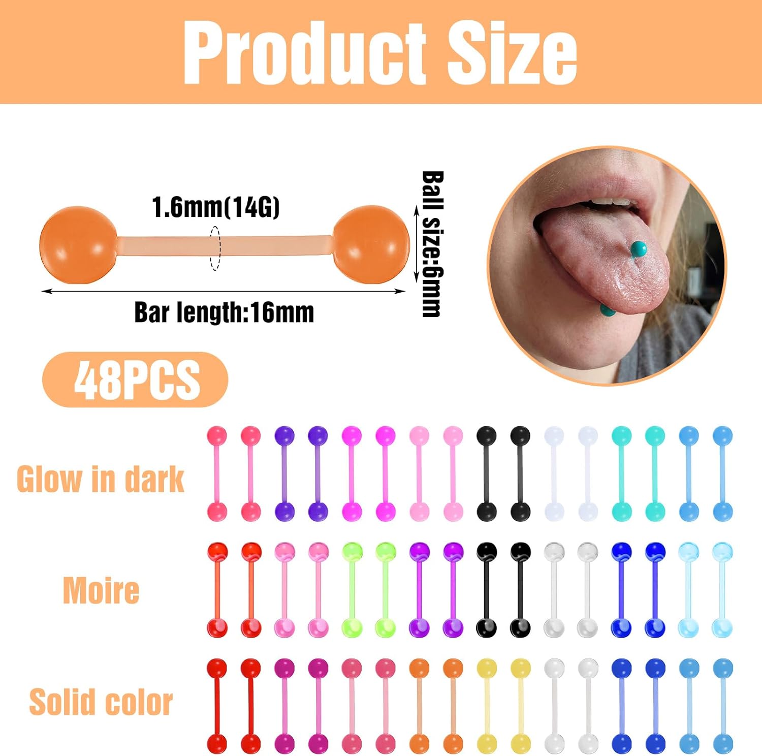 Yolev Lot de 48 piercings de langue 14 g phosphorescents droits en acrylique pour homme et femme - Couleur bonbon