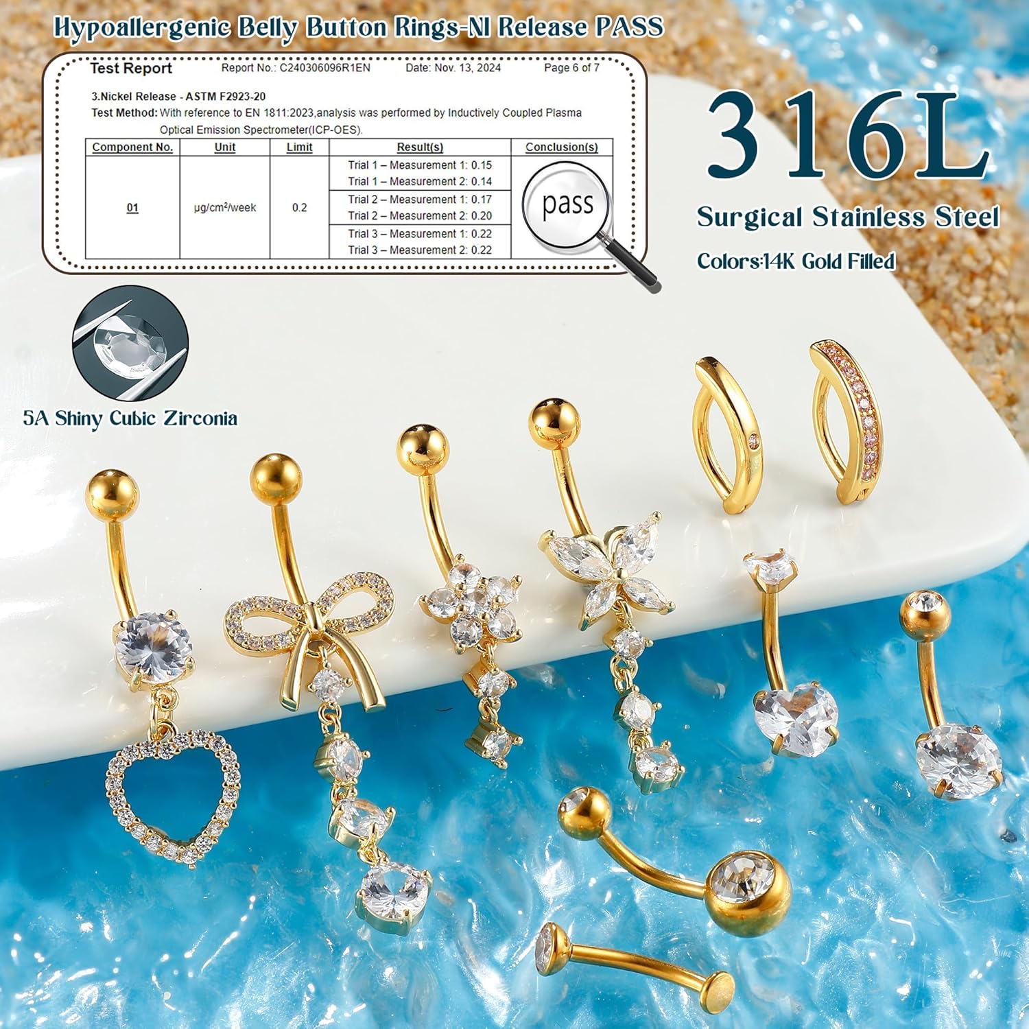 10pcs Piercing Nombril Acier Chirurgical Piercing Nombril Anneau 14G Coeur Papillon Fleur Pendentif Ventre Piercings Barre Nombrils Percings Or Argenté Or-Blanc CZ