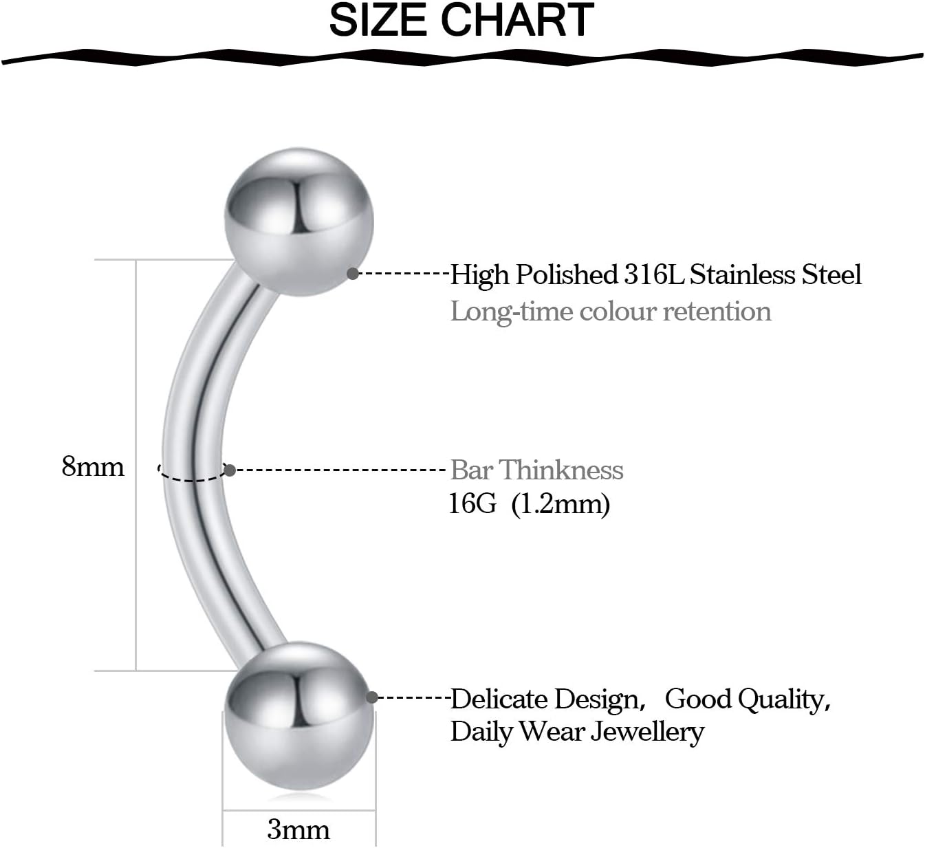 6-12pcs Acier Chirurgical Piercing Arcade Sourcil 16G 8mm Banane Barbells Rook Daith Conch Lèvre Labret Piercing 12 pièces