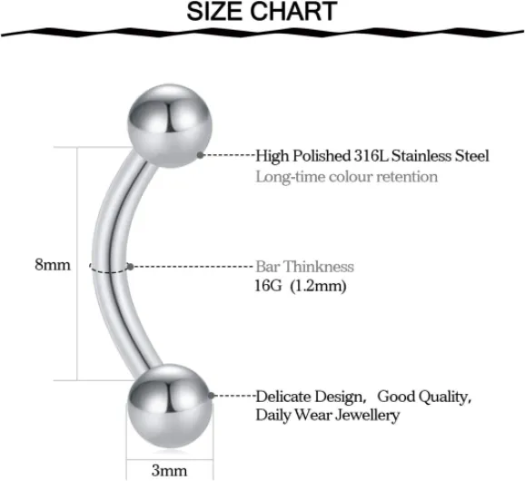 6-12pcs Acier Chirurgical Piercing Arcade Sourcil 16G 8mm Banane Barbells Rook Daith Conch Lèvre Labret Piercing 12 pièces