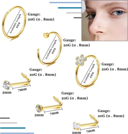 26Pcs 20G Piercing Nez Acier Chirurgical CZ Anneau de Nez Piercing Nez Brillant Coeur Serpent Clous de Nez Piercing Septum Or Argent Piercing au Nez Bijoux pour Femme Homme En Forme de L d'Or