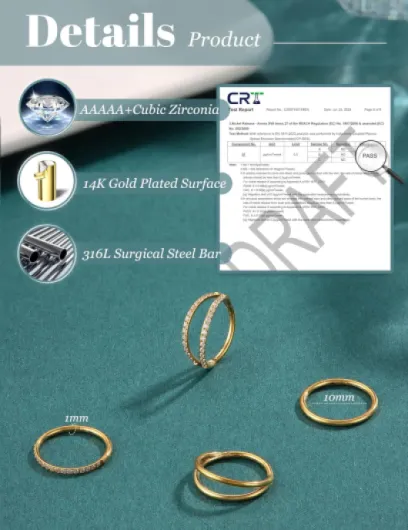 Dochais 4PCS 18G Piercing Nez Anneaux, Boucles d'Oreilles en Acier Chirurgical Piercing Tragus Septum Anneau Clicker CZ, Anneau Segment Conch Lèvre Cartilage Double 8mm 10mm pour Femmes Hommes 18G(1mm),8mm doré