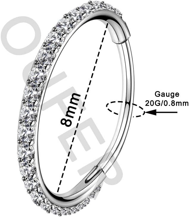 18G 6 8 10 12mm piercing nez Hoop anneaux argent 316L acier inoxydable Helix Hoop Hinged Anneau Septum clicker CZ Conch Daith Tragus Rook Cartilage boucles d'oreilles Bijoux 20g - 8mm de Diamètre.