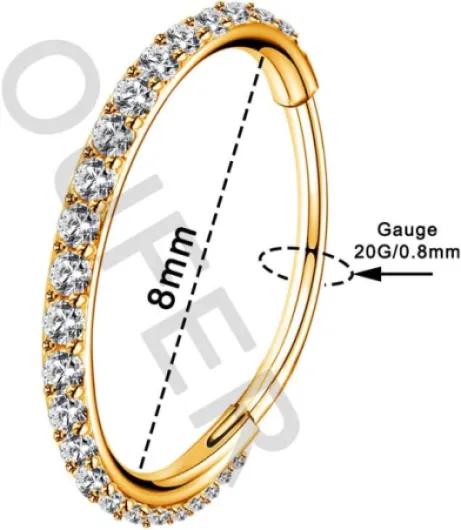 18G 6 8 10 12mm piercing nez Hoop anneaux argent 316L acier inoxydable Helix Hoop Hinged Anneau Septum clicker CZ Conch Daith Tragus Rook Cartilage boucles d'oreilles Bijoux 20g Or - 8mm de Diamètre.