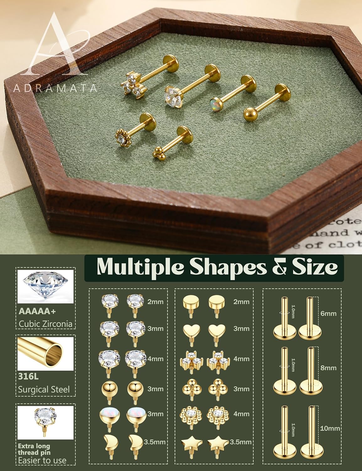 16G/18G Piercing Tragus Labret à Filetage Interne pour Lèvre Hypoallergénique Piercing Oreille Conch Cartilage (Or/Argent) 6/8/10MM 16G Or