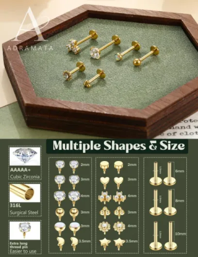 16G/18G Piercing Tragus Labret à Filetage Interne pour Lèvre Hypoallergénique Piercing Oreille Conch Cartilage (Or/Argent) 6/8/10MM 16G Or