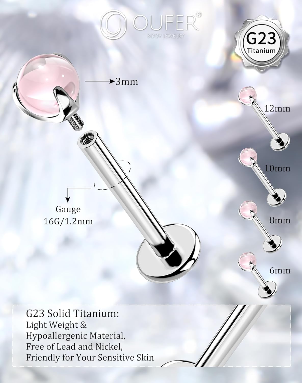 Internally Titanium Lip Stud 16G Helix Piercing Jewellery Amethyst Tragus Conch Labret Stud Earring Bars Ring 6/8/10/12mm Labret Piercing 6mm titane