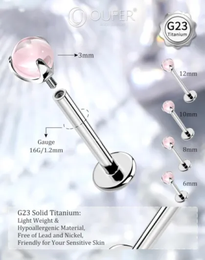 Internally Titanium Lip Stud 16G Helix Piercing Jewellery Amethyst Tragus Conch Labret Stud Earring Bars Ring 6/8/10/12mm Labret Piercing 6mm titane