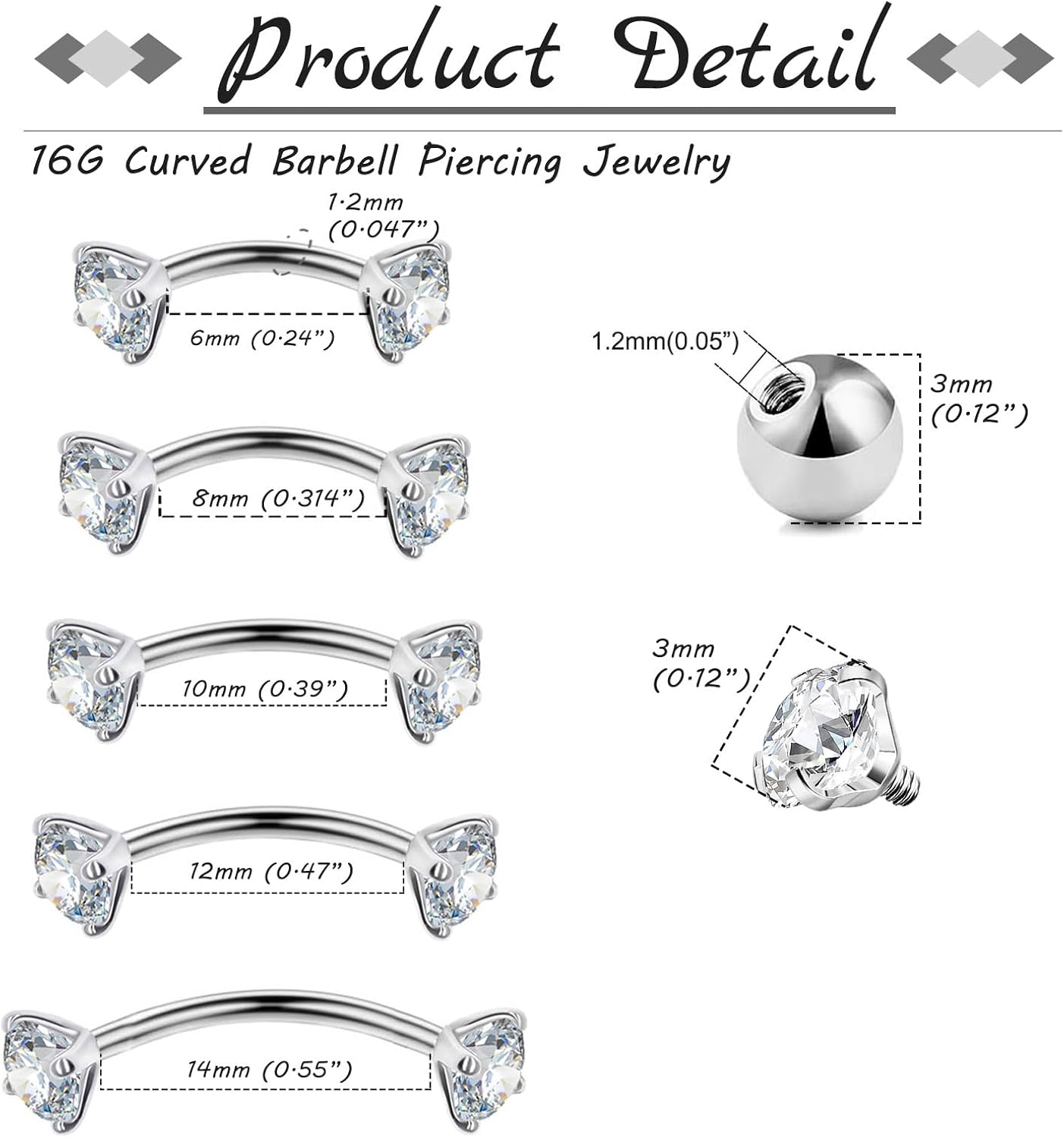 10pcs Courbé Barbells pour Sourcils Lèvres Rook Hélix Tragus Piercing Bridge Piercing Anneau Ventral Piercing 16G Acier Inoxydable 6mm 8mm 10mm Argent 6/8/10/12/14mm Style C