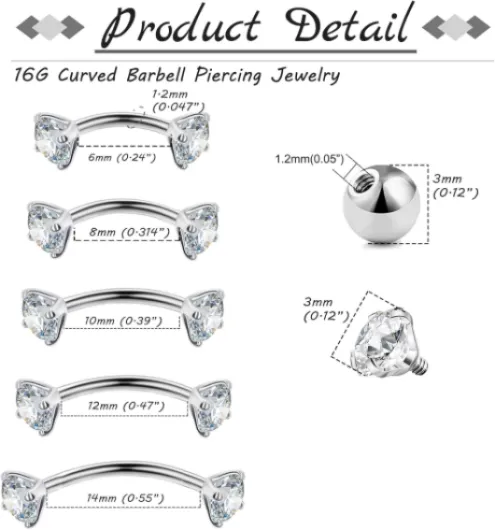 10pcs Courbé Barbells pour Sourcils Lèvres Rook Hélix Tragus Piercing Bridge Piercing Anneau Ventral Piercing 16G Acier Inoxydable 6mm 8mm 10mm Argent 6/8/10/12/14mm Style C