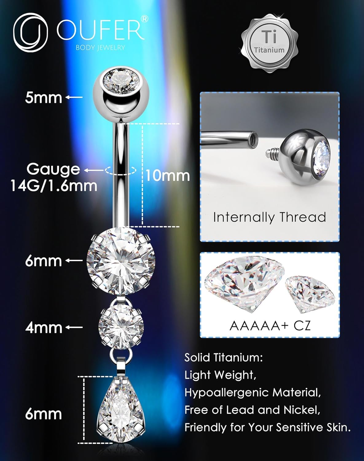 Internally Belly Bars Titanium Navel Piercing Bars Jewellery 14G Belly Button Bars Teardrop Dangle Navel Belly Button Ring 10mm