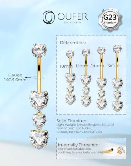 Titanium Internally Belly Bars Navel Piercing 14G Belly Button Bars Gold Navel Piercing Jewellery Heart Dangle Belly Button Ring Piercing Nombril 12mm