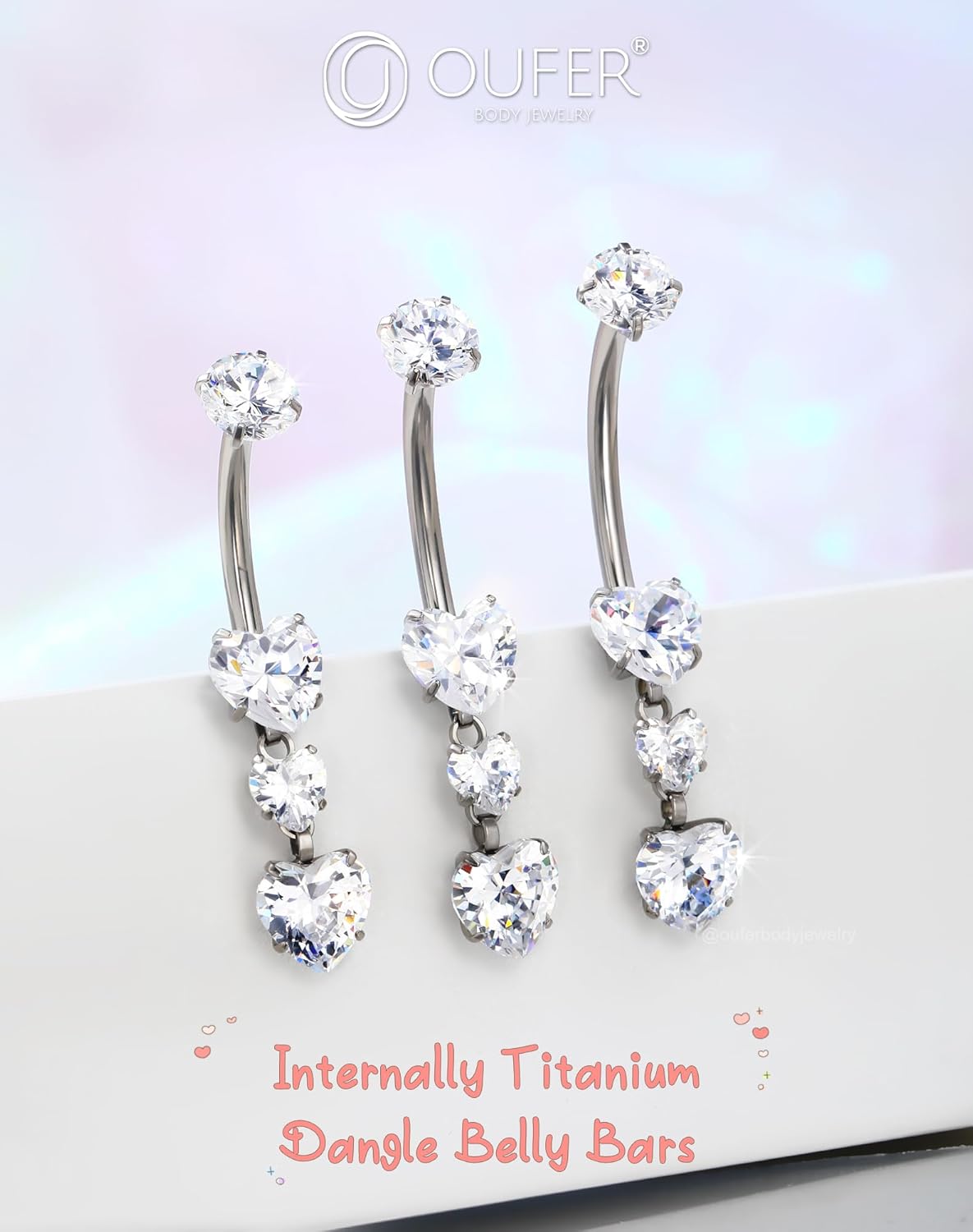 Internally Belly Bars 14G 10/12/14mm Navel Piercing Jewellery Titanium Belly Button Bars Dangle Navel Piercing Bar Clear Heart CZ Belly Button Rings 10mm