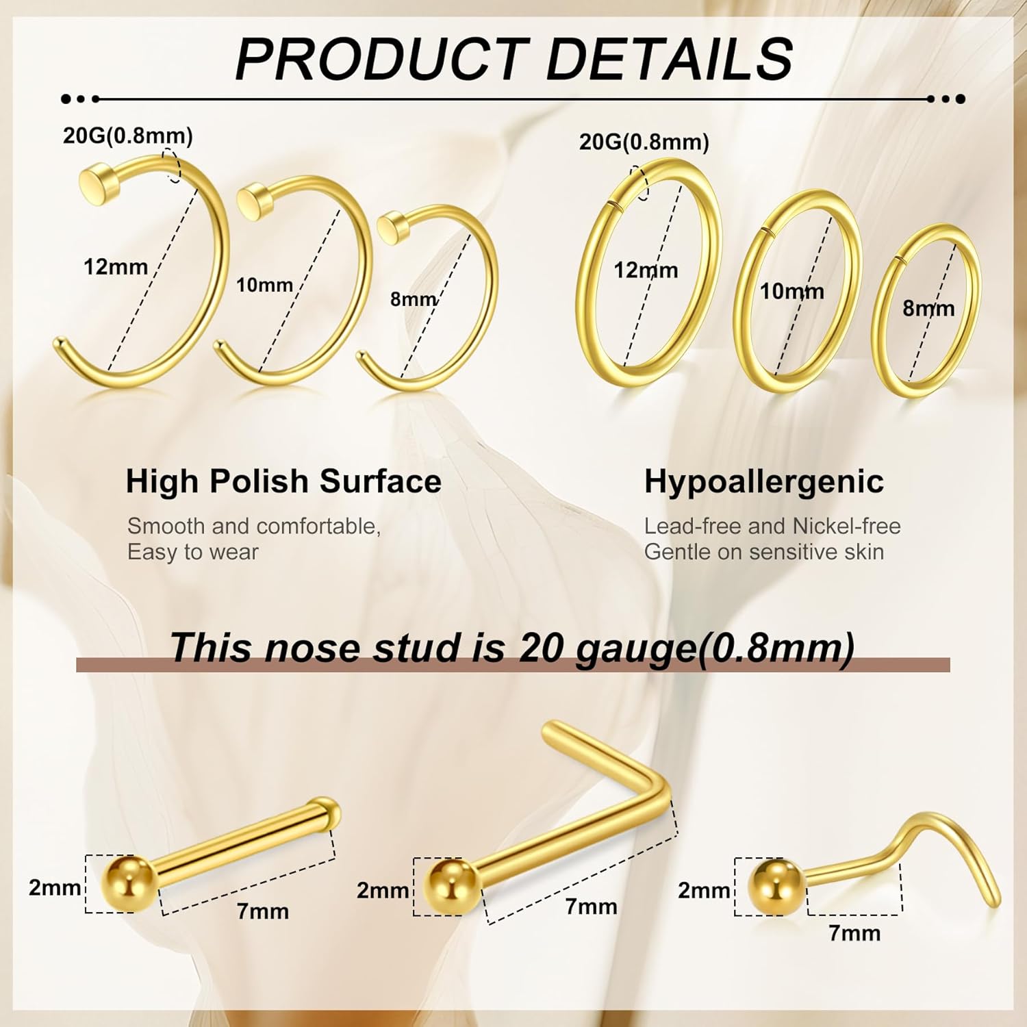 Kit Piercing Complet, différentes tailles 14G 16G 20G Acier inoxydable Piercing au nez Percing septum sourcils lèvres langue cartilage nombril Kit de bijoux Set de piercing 66 pièces - or