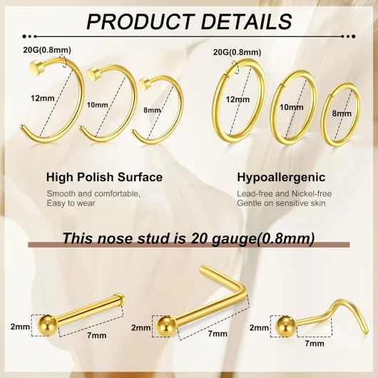 Kit Piercing Complet, différentes tailles 14G 16G 20G Acier inoxydable Piercing au nez Percing septum sourcils lèvres langue cartilage nombril Kit de bijoux Set de piercing 66 pièces - or