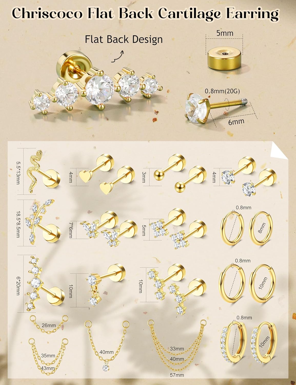 22Pcs Boucles d'oreilles Femme Acier Inoxydable Piercing Oreille Hypoallergénique Creoles Plaqué Or 14K Boucles d'oreilles Argent Piercing Helix Cartilage Piercings Tragus Conch Daith