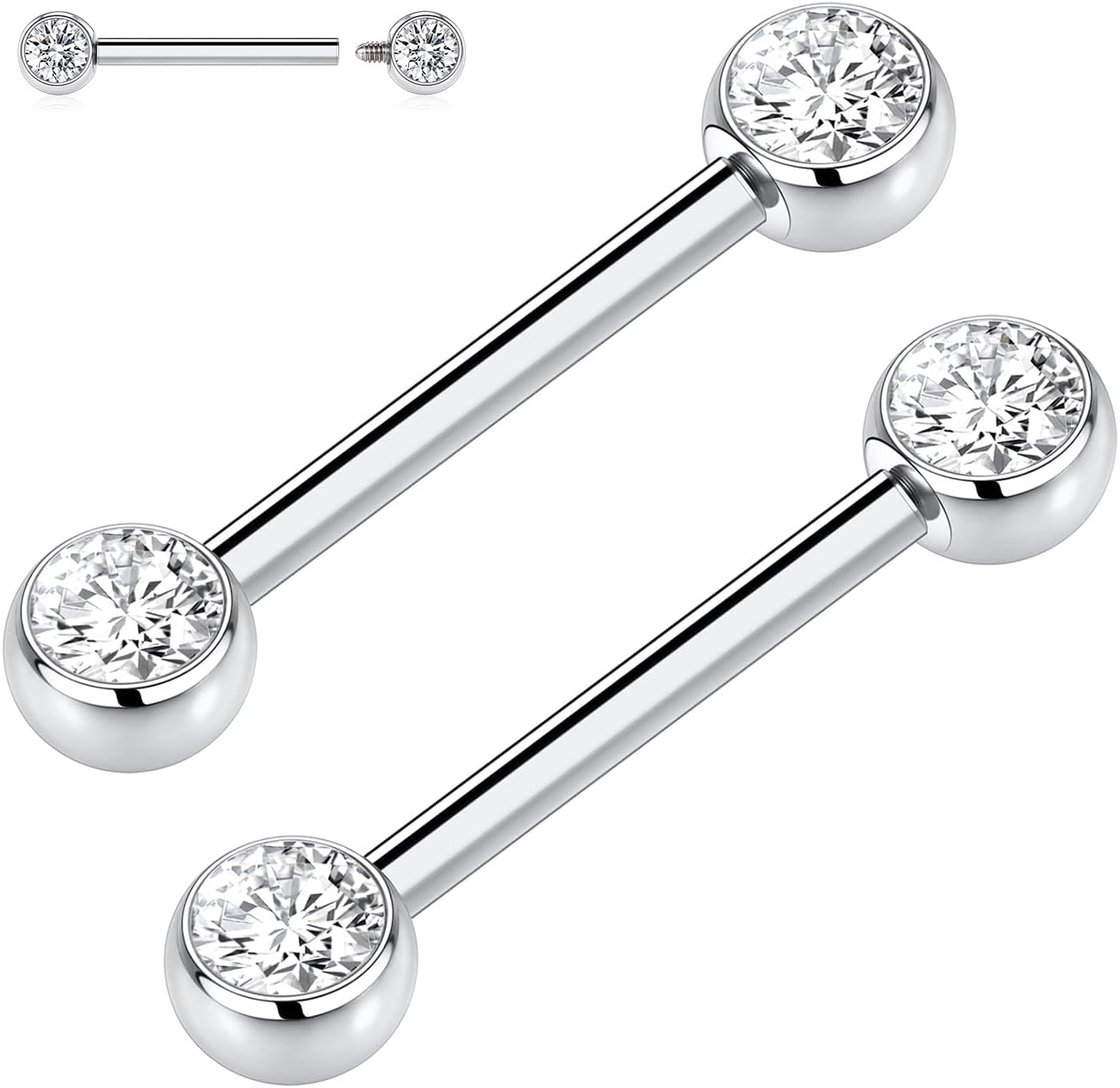 AROWRO Lot de 4 piercings pour téton en titane - Unisexe - Forme circulaire - Pierre transparente - Fermeture à vis - Qualité implantaire 2 zircones argentées brillantes 14G-9/16"(14mm)