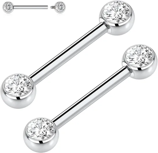 AROWRO Lot de 4 piercings pour téton en titane - Unisexe - Forme circulaire - Pierre transparente - Fermeture à vis - Qualité implantaire 2 zircones argentées brillantes 14G-9/16"(14mm)