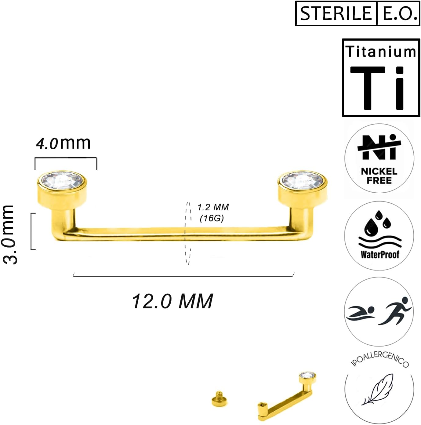 Piercing Barbell à Surface Stérile avec Cristaux de Titane Or avec Transparent