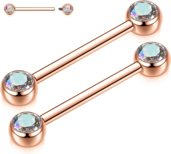 AROWRO Lot de 4 piercings pour téton en titane - Unisexe - Forme circulaire - Pierre transparente - Fermeture à vis - Qualité implantaire Or rose AB CZ, 2 pièces 14G-5/8"(16mm)