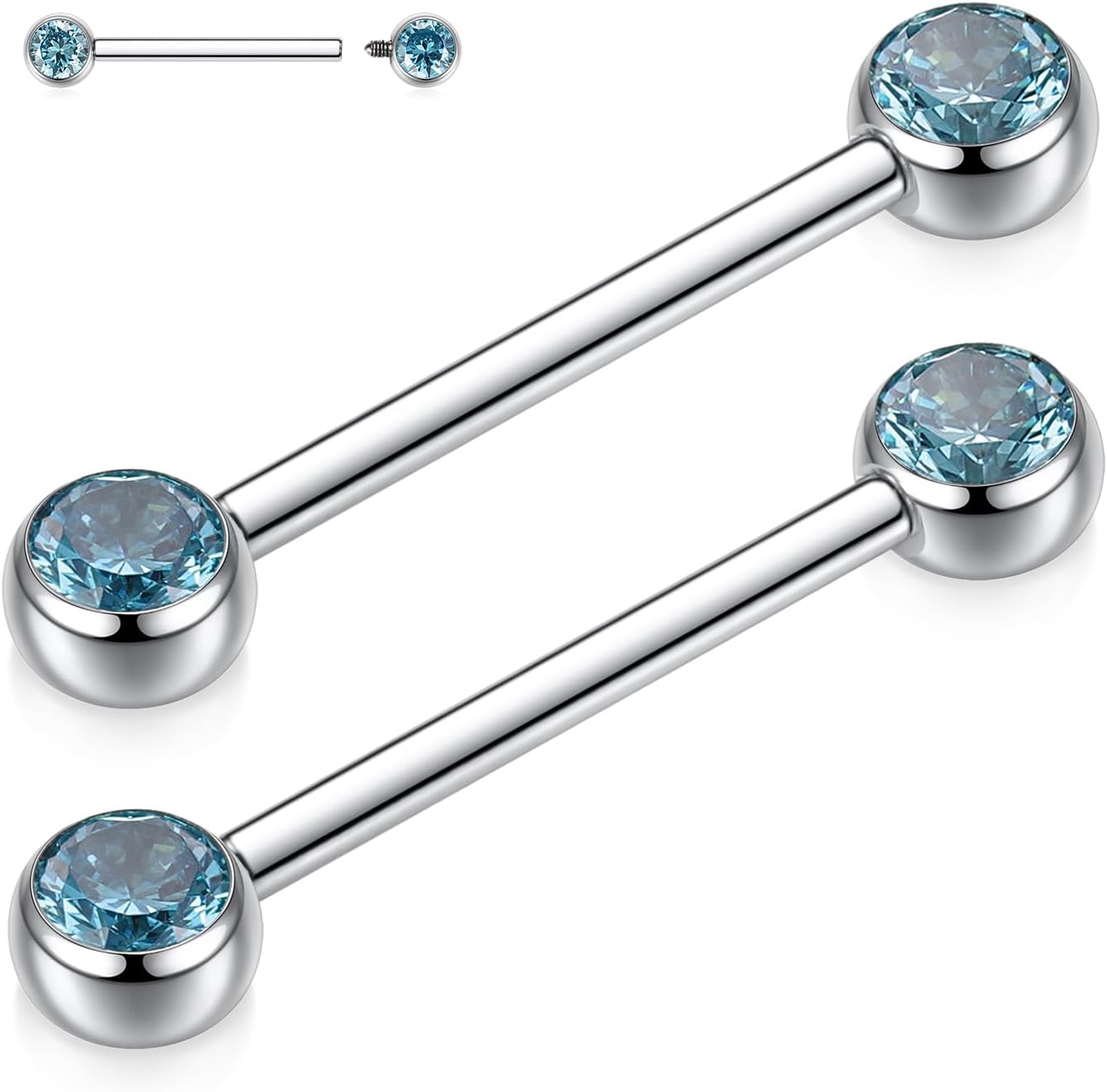 AROWRO Lot de 4 piercings pour téton en titane - Unisexe - Forme circulaire - Pierre transparente - Fermeture à vis - Qualité implantaire Oxyde de zirconium bleu argenté, 2 pièces 14G-5/8"(16mm)