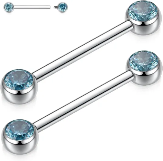 AROWRO Lot de 4 piercings pour téton en titane - Unisexe - Forme circulaire - Pierre transparente - Fermeture à vis - Qualité implantaire Oxyde de zirconium bleu argenté, 2 pièces 14G-5/8"(16mm)