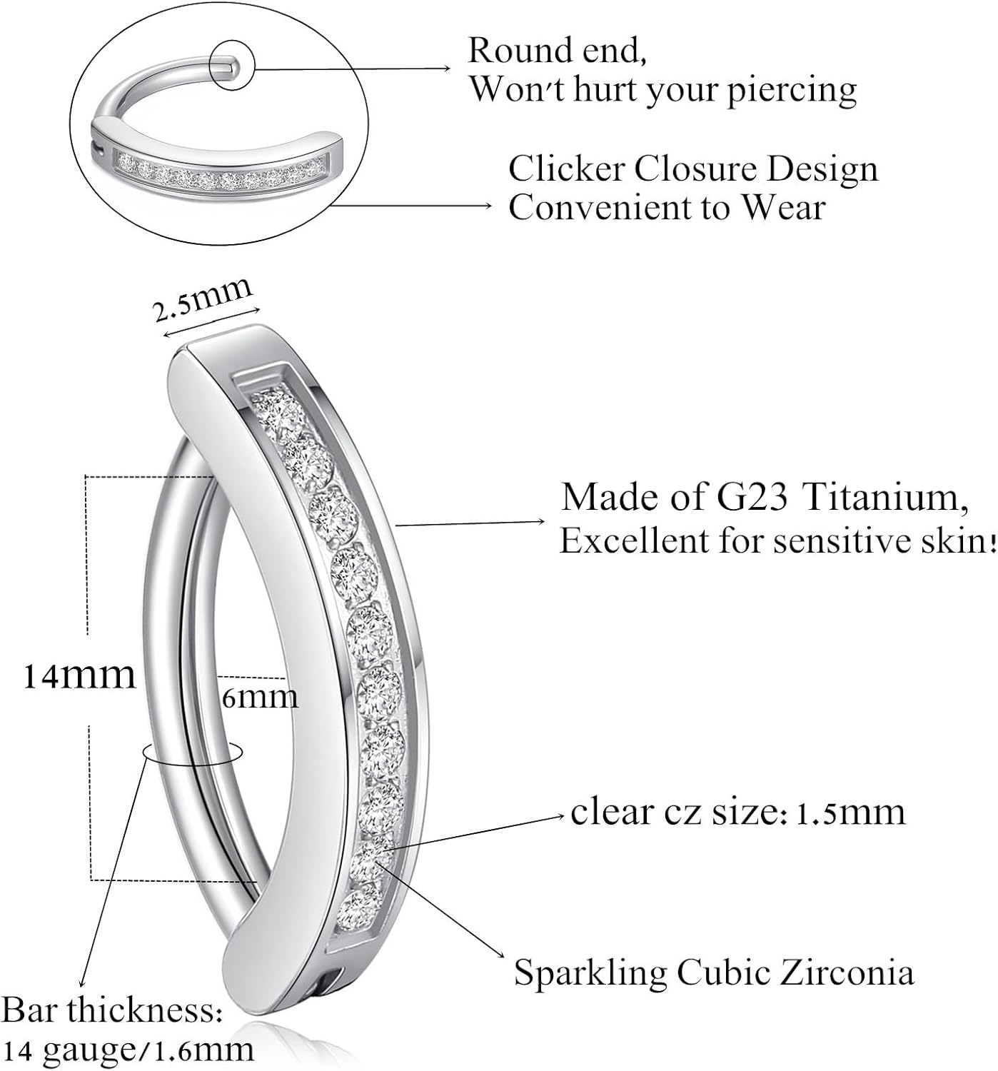 Piercing de nombril en titane G23 14 mm 12 mm 10 mm 8 mm CZ transparent/14G/14mm/Argent