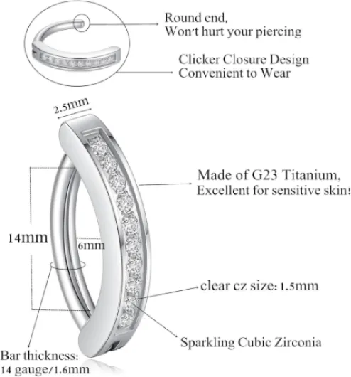 Piercing de nombril en titane G23 14 mm 12 mm 10 mm 8 mm CZ transparent/14G/14mm/Argent