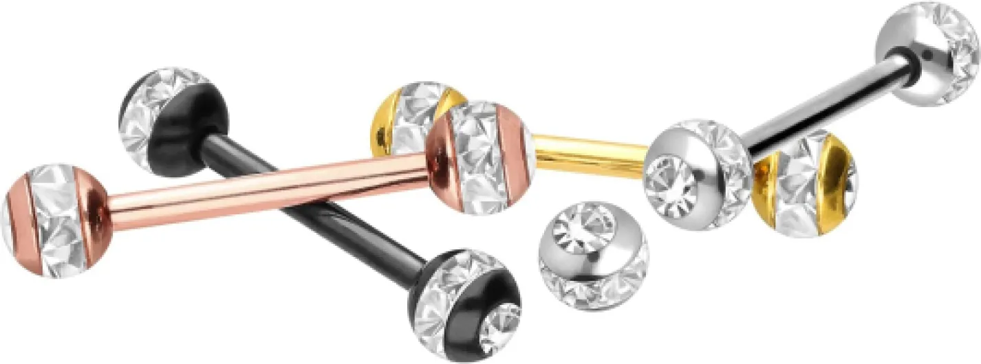 PIERCINGLINE Barbell en acier chirurgical - Boules en époxy + cristaux - Piercing barre de piercing pour poitrine langue - Choix de couleurs et de tailles Noir - transparent - Longueur de la tige : 14 mm.