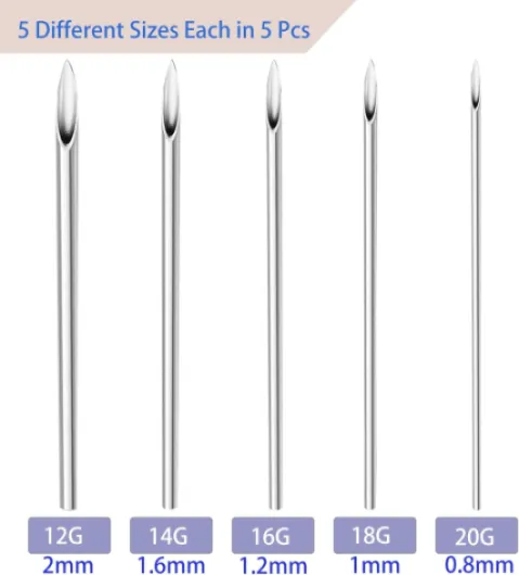 HOINCO 124 Pcs Body Piercing Kit pour Ponction Naso - Abdominale et Linguale Complète Avec Aiguille de Ponction 12G 14g 16g 18g 20g silvery