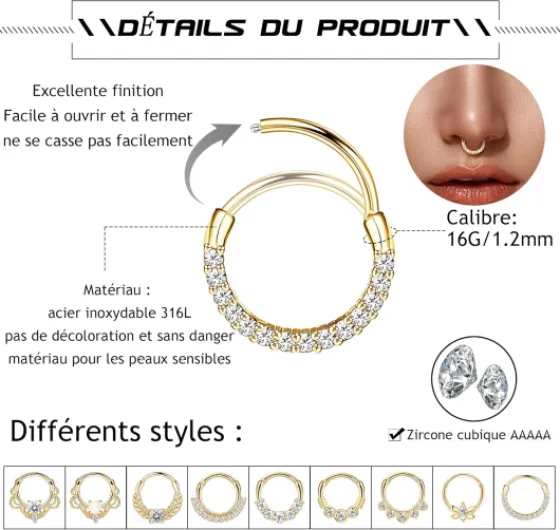 9PCS 16G Piercing Nez Anneaux Acier Chirurgical Hypoallergénique Tragus Piercing Septum Anneaux Opal CZ Helix Cartilage Piercing Conch Daith Piercing Oreille 8MM 9pcs-8mm&ton or