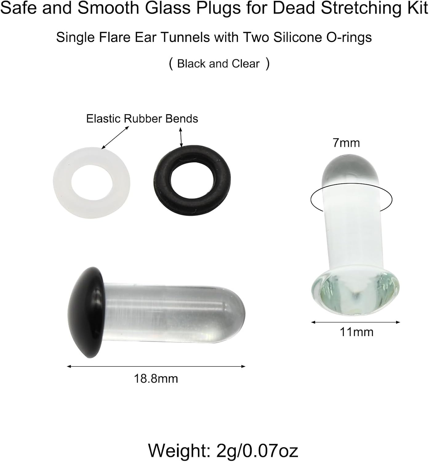 Lot de 6 paires de bouchons d'oreille noirs et transparents en verre pour étirement mort, tunnels d'oreille évasés simples avec joints toriques en silicone/bandes en caoutchouc, kit de jauge d'oreille