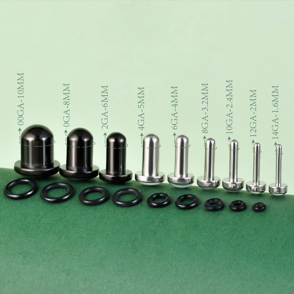 Lot de 18 écarteurs en acier inoxydable chirurgical 14G-00G Dessus plat coquillage, noir-argent (14G-00G)