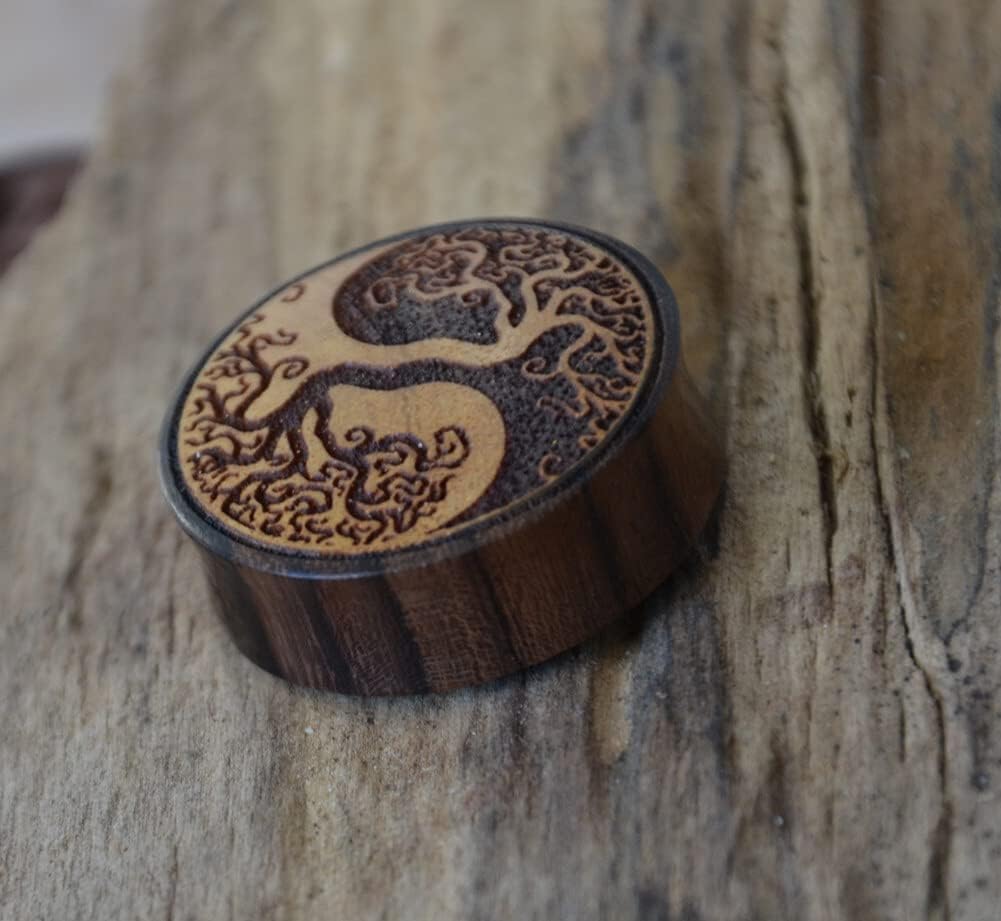 CHICNET Plug Yggdrasil - Arbre de vie - En bois de sono - En bois de sono - Double évasé - Pour homme et femme - Viking Celtic 14 mm