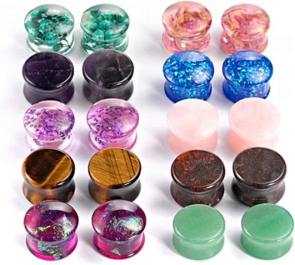 Lot de 10 paires de bouchons d'oreille en pierre mixte Jauges d'oreille Tunnels d'oreille Double Flare Plugs Expander Body Piercing Bijoux 0g-5/8 en 8mm-16mm Style1:0g(8mm)
