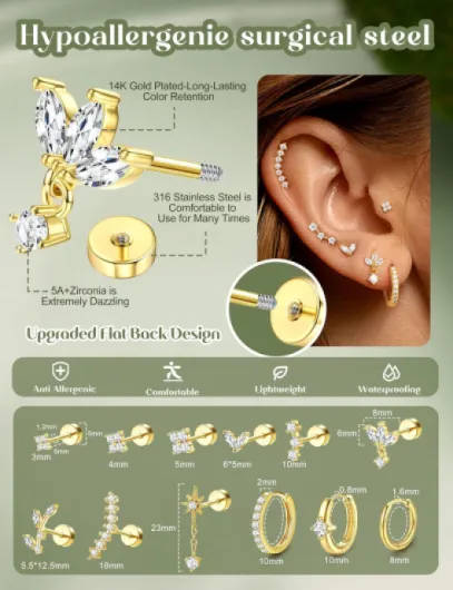 12 Pièces Piercing Oreille Boucles D'oreilles Pour Femmes Plaqué Or 14K Argent Helix Cartilage Tragus Conch Acier Inoxydable Chirurgical Petits Piercing Oreilles Ensemble de Bijoux Femme Or-blanccz