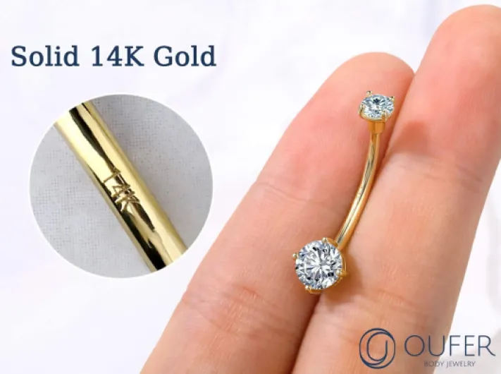 14K Or Piercing Nombril avec CZ Brillant Rond Anneau de Barbell Cadeau pour Femme Piercing Nombril Or Bijoux de Corps Piercing 14G14mm