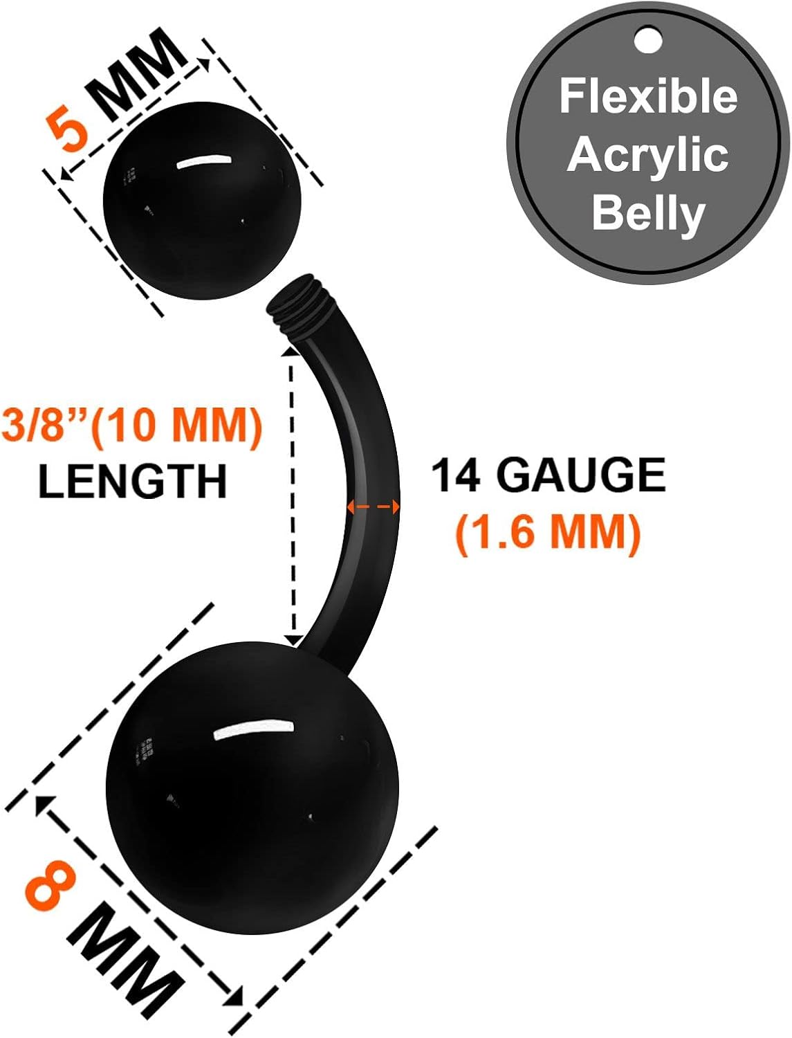 Bijou de corps en acrylique UV pour piercing de nombril 14 g 1,6 mm 5 mm et 8 mm, Acrylique, Sans pierre précieuse