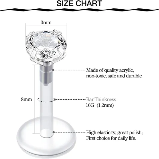 10pcs Piercing Lèvre Larbet Goujons Acier Chirurgical 16G 6mm 8mm Argent Tragus Helix Piercing Bijoux Cœur