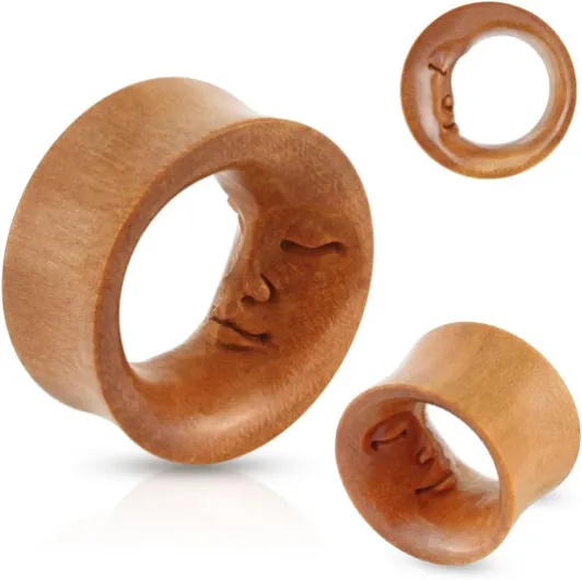 Plug Tunnel Ecarteur d'oreille en Bois Naturel Précieux - Tunnel Bois de Sawo avec Face de Lune Sculptée à l'Intérieur - Différentes Tailles - 14.0 Millimètres