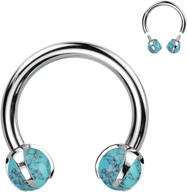 Paula & Fritz® Piercing universel en fer à cheval - Pierre naturelle - Titane-Ium - Grade 23 - Épaisseur de la tige : 1,2 mm - Boule de 3 mm - Pour septum Turquoise.