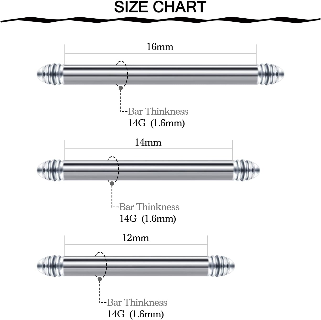 Lot de 18 paires de piercings droits en acier chirurgical et acrylique avec boules de rechange pour piercing de langue et de téton 14 g 12/14/16 mm Argent
