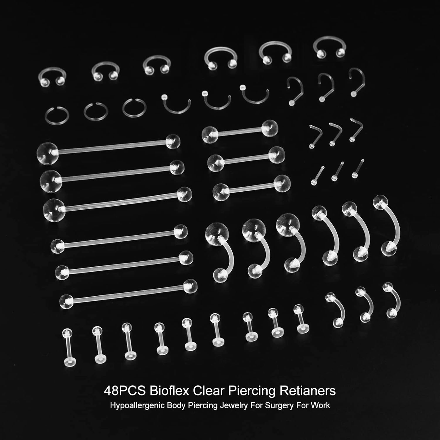 48Pcs Bioflex Piercing Plastique Transparent Retainers, Silicone Barre pour Langue Téton Nombril Tragus, Invisible pour Nez Oreille Lèvre Helix, Bioplast Bijoux pour Opération IRM