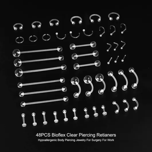 48Pcs Bioflex Piercing Plastique Transparent Retainers, Silicone Barre pour Langue Téton Nombril Tragus, Invisible pour Nez Oreille Lèvre Helix, Bioplast Bijoux pour Opération IRM