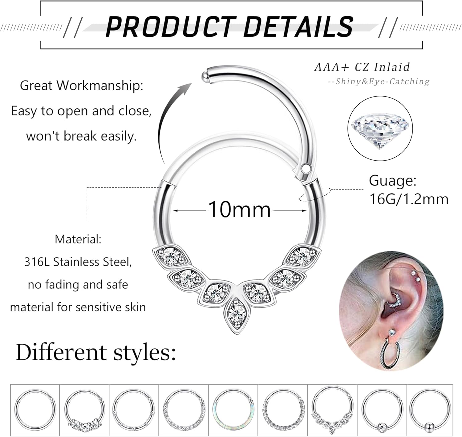 JeweBella 9PCS 16G Piercing Nez Anneaux Acier Chirurgical Septum Piercing Cartilage Boucles d'oreilles Femme CZ Opal Piercings Helix Tragus Argent Lèvres Nez Anneaux Conch Daith Piercing Bijoux 8/10MM B:16G(10MM)
