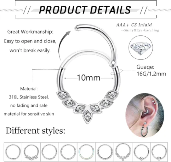 JeweBella 9PCS 16G Piercing Nez Anneaux Acier Chirurgical Septum Piercing Cartilage Boucles d'oreilles Femme CZ Opal Piercings Helix Tragus Argent Lèvres Nez Anneaux Conch Daith Piercing Bijoux 8/10MM B:16G(10MM)